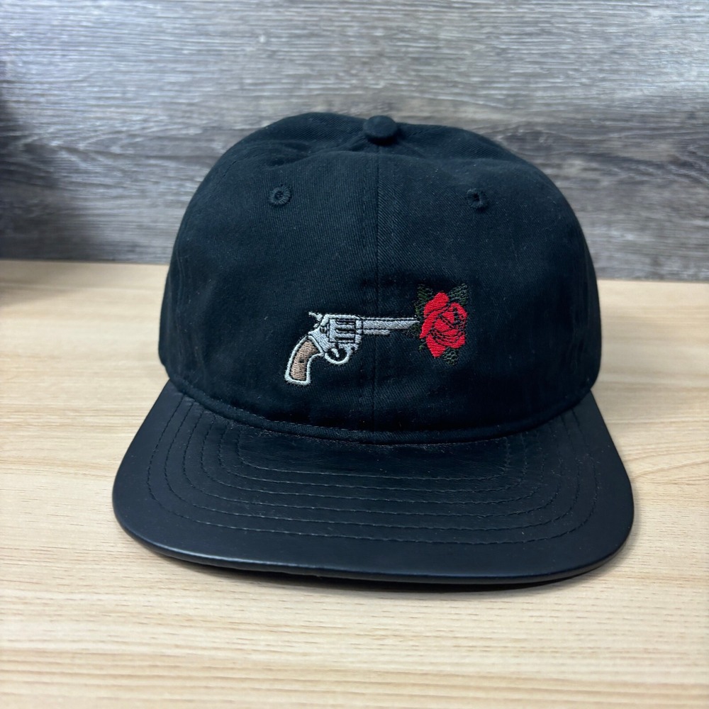 Rose‎ Revolver Hat Cap Strap Back Black Faux Leather Brim Adjustable BITS